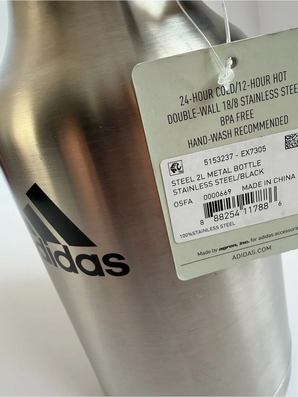 adidas Metallic Silver Water Bottle with Black Cap and Logo 2L
